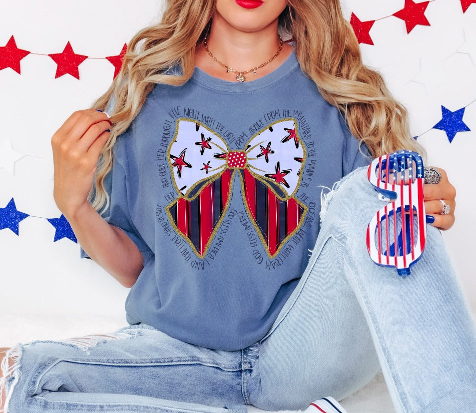 Patriotic Bow Home of the Brave Shirt | Comfort Colors | 4th of July Bow Tee | Red White Blue | Americana Bow Design