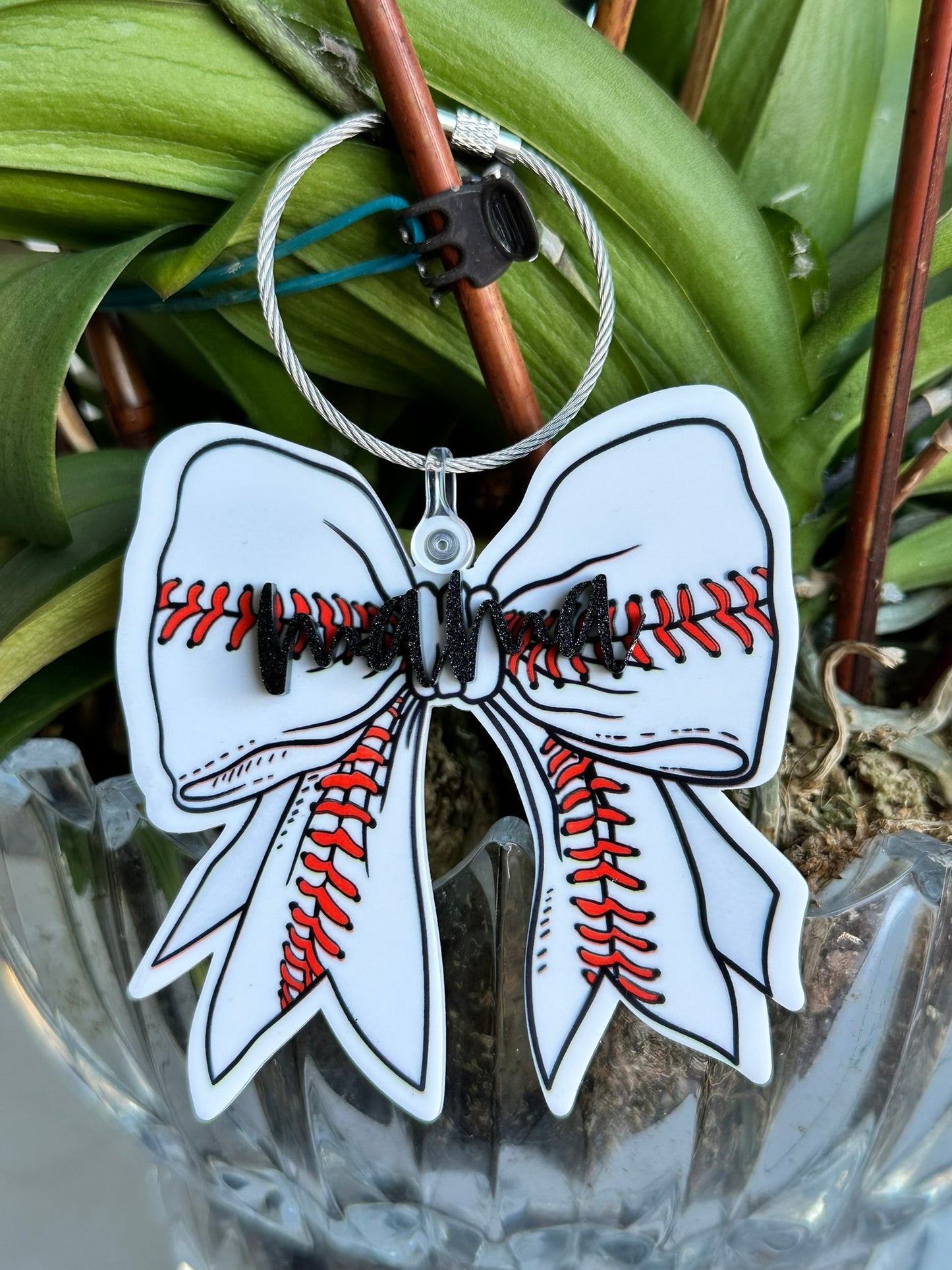 Baseball Bow Name Bag Tag