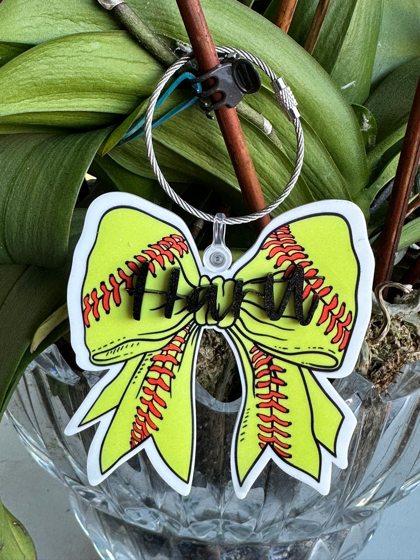 Softball Bow Name Bag Tag
