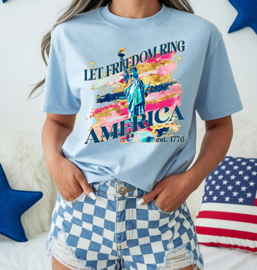 Let Freedom Ring America Est. 1776 - Watercolor Statue of Liberty Shirt | Gildan Softstyle | Patriotic Tee | 4th of July | Independence Day