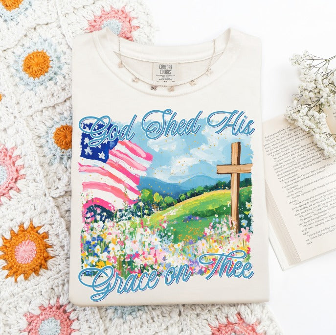 God Shed His Grace on Thee - Faith Patriotic Shirt | Comfort Colors | Christian Americana | Cross & Flag Design | Religious Tee