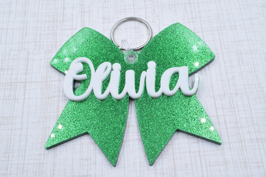 Green Glitter Acrylic Cheer Bow Bag Tag