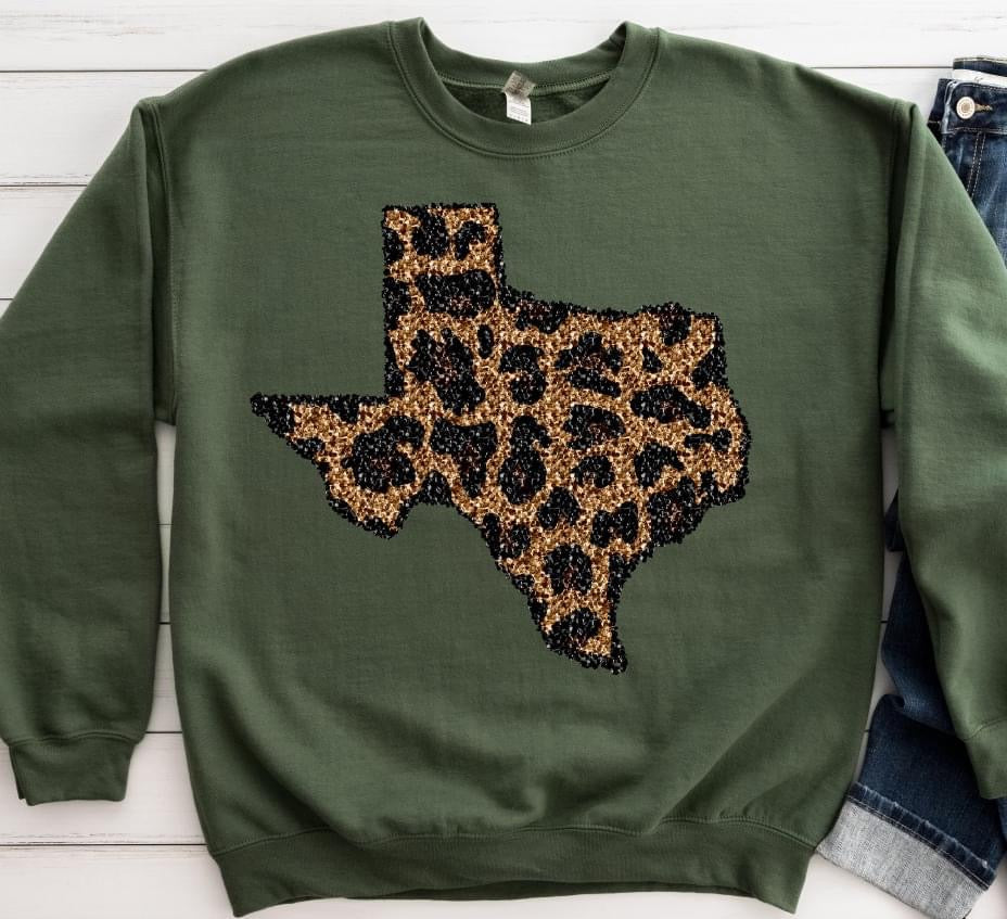 Faux Sequin Leopard TX Print Softstyle Sweatshirt