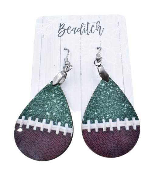 Green Glitter Football Teardrop Earrings